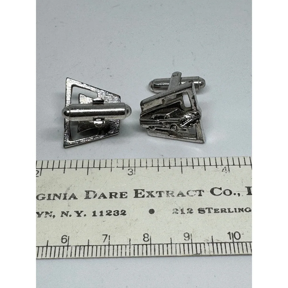 Vintage Silver Tone Classic Car Cufflinks Geometric Automotive Novelty Mens